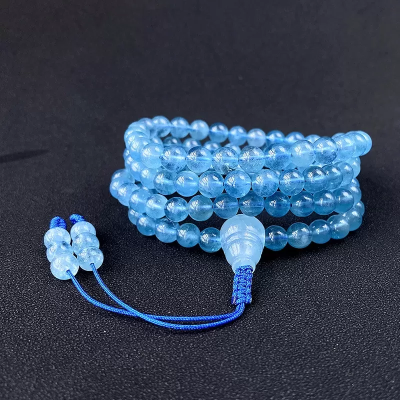 108-Bead Aquamarine Mala Bracelet Necklace – Sea Blue Gemstone for Calm, Protection & Water Element Energy