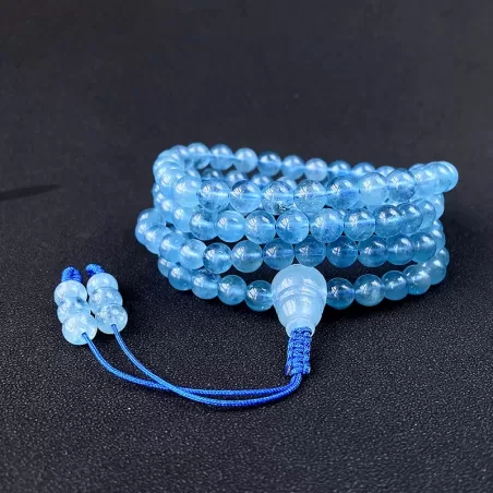 108-Bead Aquamarine Mala Bracelet Necklace – Sea Blue Gemstone for Calm, Protection & Water Element Energy