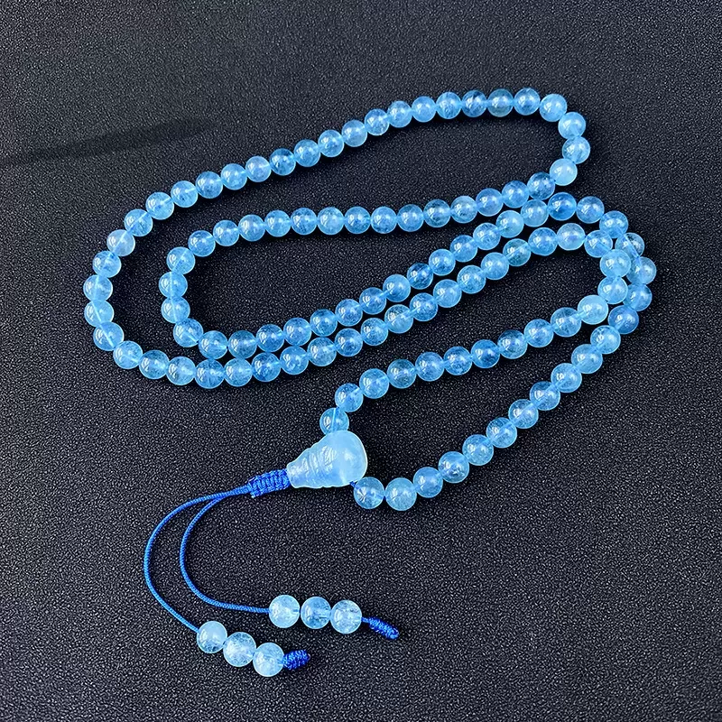108-Bead Aquamarine Mala Bracelet Necklace – Sea Blue Gemstone for Calm, Protection & Water Element Energy
