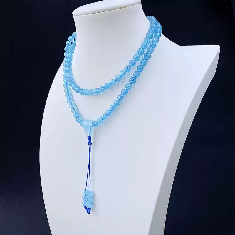 108-Bead Aquamarine Mala Bracelet Necklace – Sea Blue Gemstone for Calm, Protection & Water Element Energy