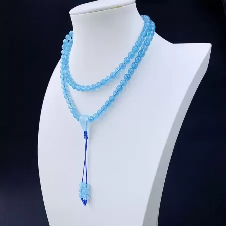 108-Bead Aquamarine Mala Bracelet Necklace – Sea Blue Gemstone for Calm, Protection & Water Element Energy