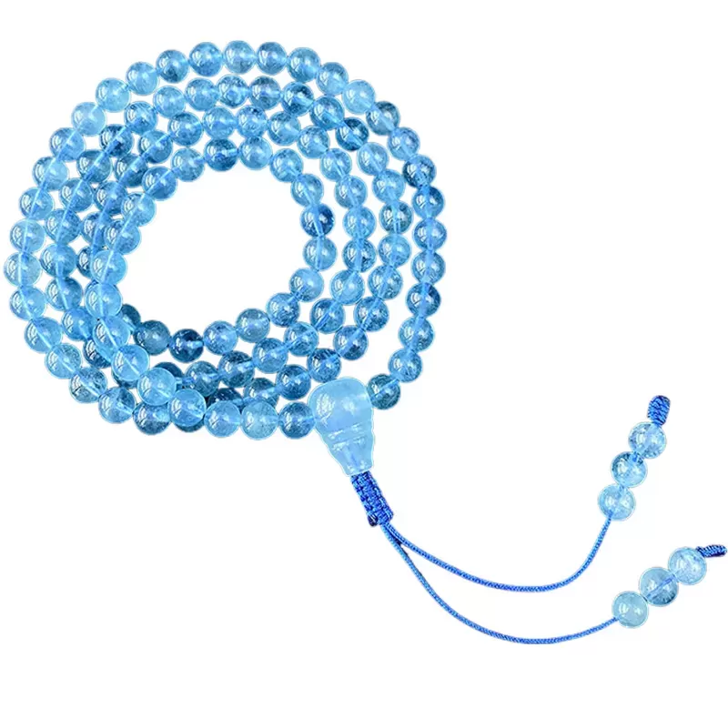 108-Bead Aquamarine Mala Bracelet Necklace – Sea Blue Gemstone for Calm, Protection & Water Element Energy