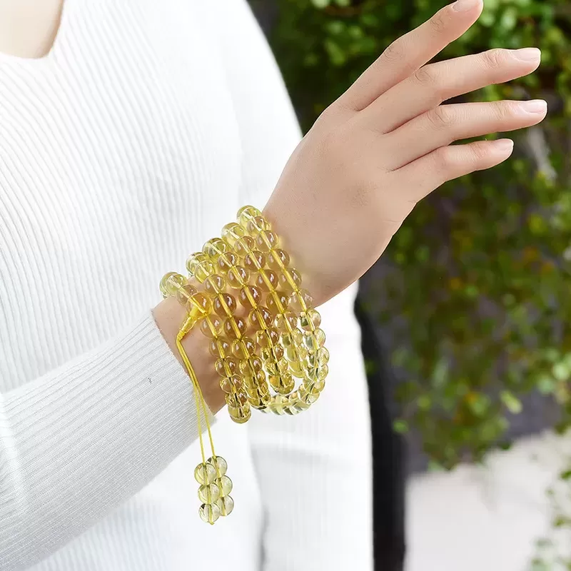108-Bead Lemon Yellow Citrine Mala Bracelet – Natural Crystal for Prosperity, Energy & Earth Element Harmony