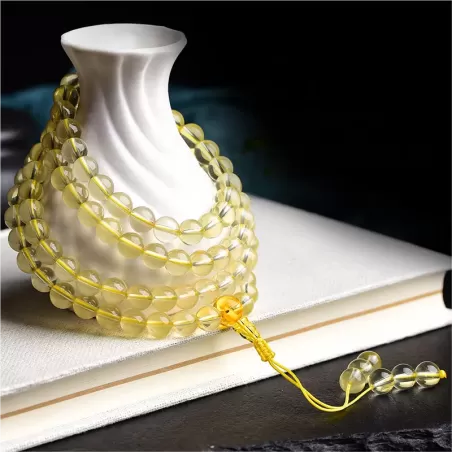 108-Bead Lemon Yellow Citrine Mala Bracelet – Natural Crystal for Prosperity, Energy & Earth Element Harmony