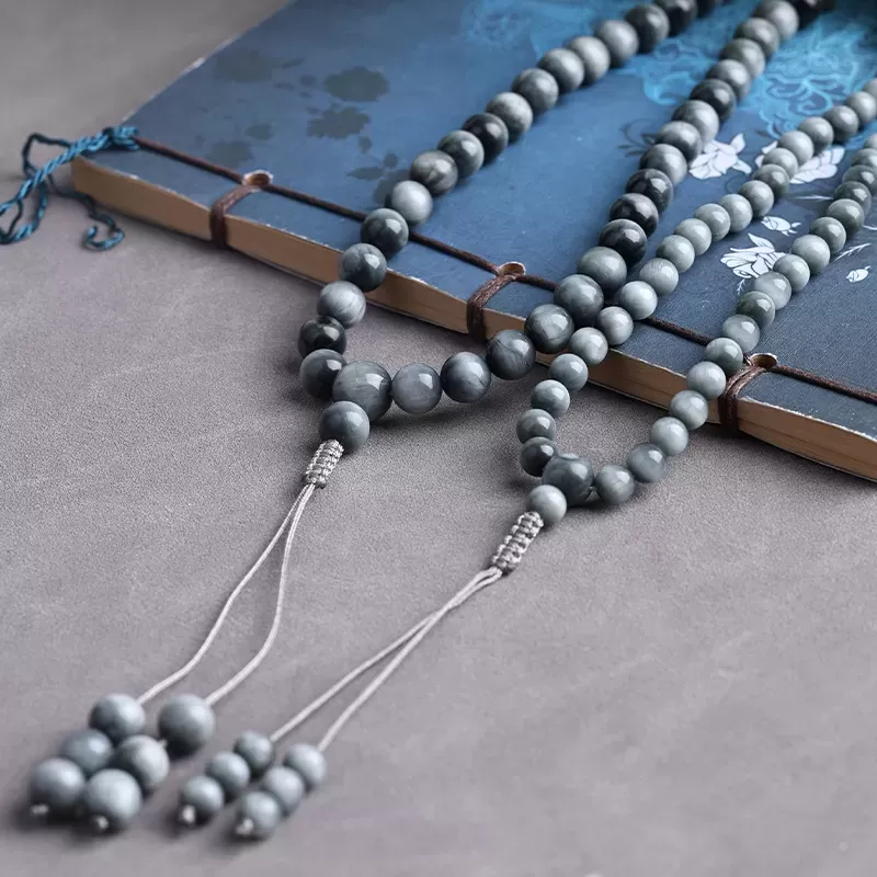 108-Bead Natural Hawk’s Eye Mala Bracelet – Blue-Grey Cat’s Eye Crystal for Clarity, Strength & Elemental Harmony