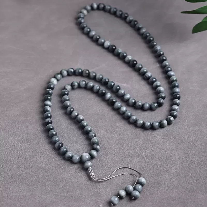108-Bead Natural Hawk’s Eye Mala Bracelet – Blue-Grey Cat’s Eye Crystal for Clarity, Strength & Elemental Harmony