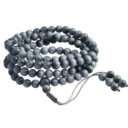 108-Bead Natural Hawk’s Eye Mala Bracelet – Blue-Grey Cat’s Eye Crystal for Clarity, Strength & Elemental Harmony
