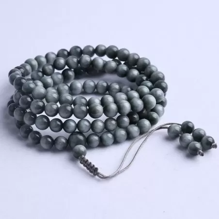 108-Bead Natural Hawk’s Eye Mala Bracelet – Blue-Grey Cat’s Eye Crystal for Clarity, Strength & Elemental Harmony
