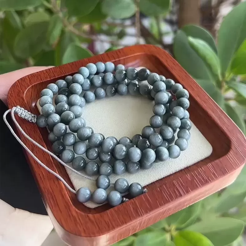 108-Bead Natural Hawk’s Eye Mala Bracelet – Blue-Grey Cat’s Eye Crystal for Clarity, Strength & Elemental Harmony