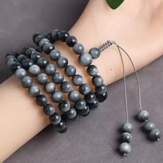 108-Bead Natural Hawk’s Eye Mala Bracelet – Blue-Grey Cat’s Eye Crystal for Clarity, Strength & Elemental Harmony 2