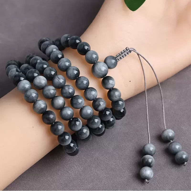 108-Bead Natural Hawk’s Eye Mala Bracelet – Blue-Grey Cat’s Eye Crystal for Clarity, Strength & Elemental Harmony