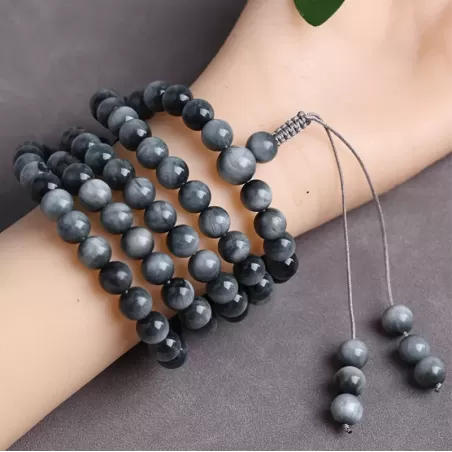 108-Bead Natural Hawk’s Eye Mala Bracelet – Blue-Grey Cat’s Eye Crystal for Clarity, Strength & Elemental Harmony