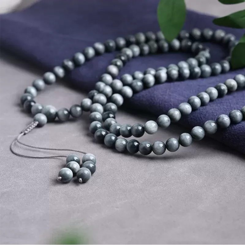 108-Bead Natural Hawk’s Eye Mala Bracelet – Blue-Grey Cat’s Eye Crystal for Clarity, Strength & Elemental Harmony