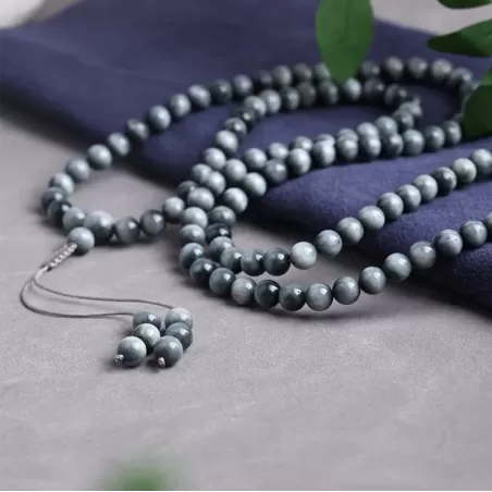 108-Bead Natural Hawk’s Eye Mala Bracelet – Blue-Grey Cat’s Eye Crystal for Clarity, Strength & Elemental Harmony