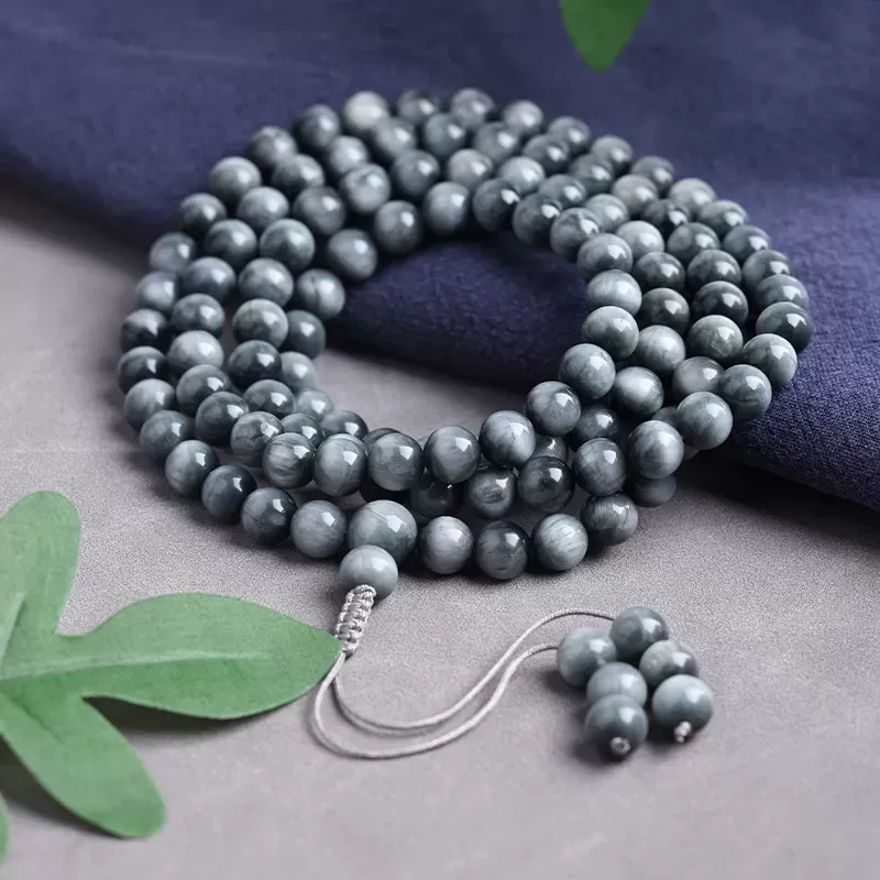 108-Bead Natural Hawk’s Eye Mala Bracelet – Blue-Grey Cat’s Eye Crystal for Clarity, Strength & Elemental Harmony