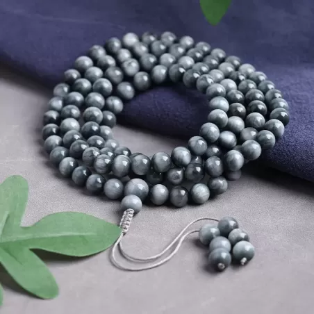 108-Bead Natural Hawk’s Eye Mala Bracelet – Blue-Grey Cat’s Eye Crystal for Clarity, Strength & Elemental Harmony