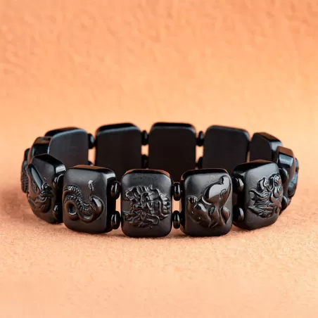 Black Jadeite Chinese Zodiac Bracelet | Grade-A Natural Jade | Men's Handcrafted Lucky Charm