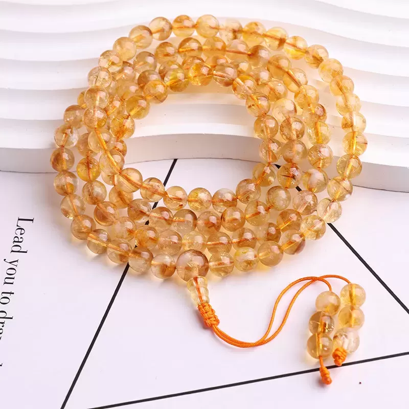 108-Bead Yellow Aze Ice-Snow Crystal Mala Bracelet – Natural Citrine with Rainbow Light for Earth Element Balance & Abundance