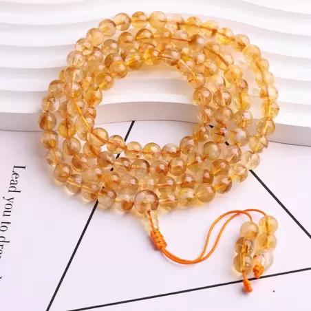 108-Bead Yellow Aze Ice-Snow Crystal Mala Bracelet – Natural Citrine with Rainbow Light for Earth Element Balance & Abundance