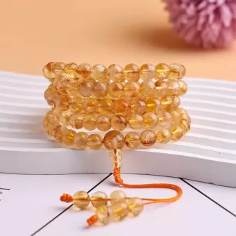 108-Bead Yellow Aze Ice-Snow Crystal Mala Bracelet – Natural Citrine with Rainbow Light for Earth Element Balance & Abundance