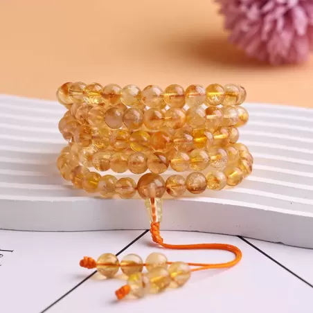 108-Bead Yellow Aze Ice-Snow Crystal Mala Bracelet – Natural Citrine with Rainbow Light for Earth Element Balance & Abundance