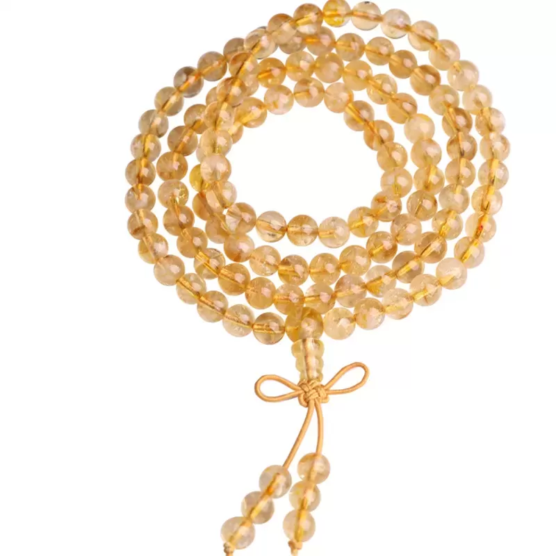 108-Bead Yellow Aze Ice-Snow Crystal Mala Bracelet – Natural Citrine with Rainbow Light for Earth Element Balance & Abundance