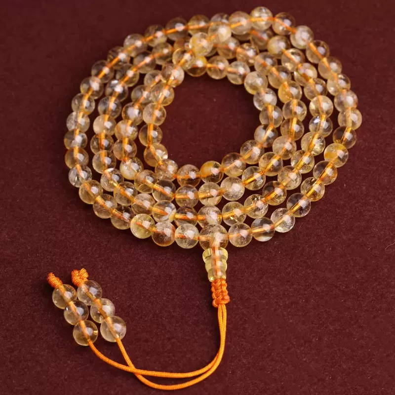 108-Bead Yellow Aze Ice-Snow Crystal Mala Bracelet – Natural Citrine with Rainbow Light for Earth Element Balance & Abundance