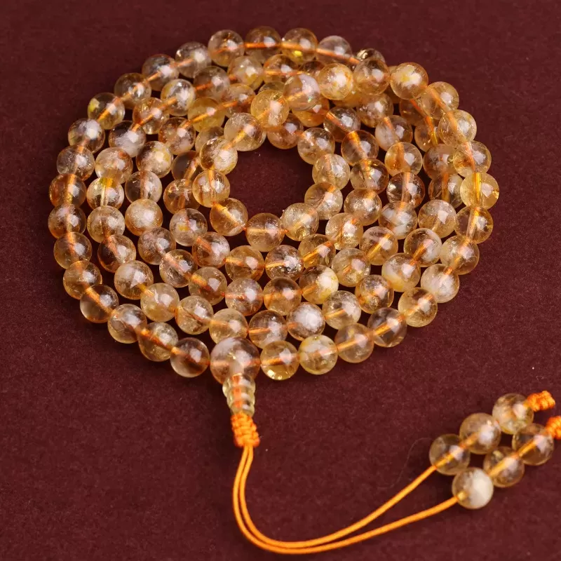108-Bead Yellow Aze Ice-Snow Crystal Mala Bracelet – Natural Citrine with Rainbow Light for Earth Element Balance & Abundance