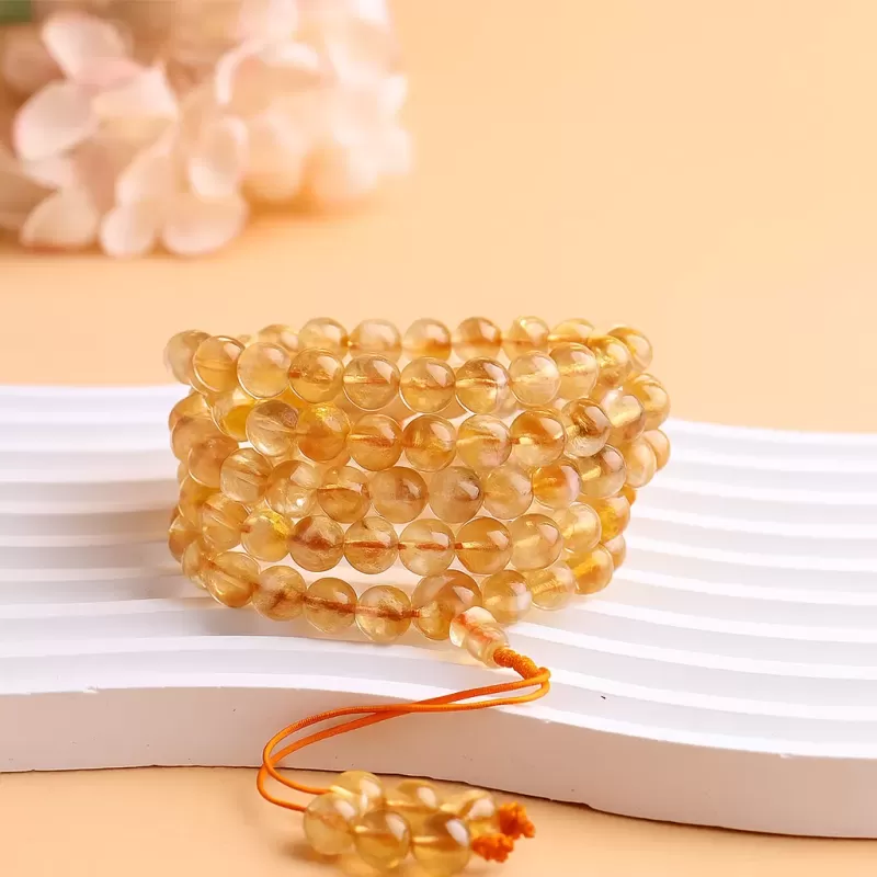 108-Bead Yellow Aze Ice-Snow Crystal Mala Bracelet – Natural Citrine with Rainbow Light for Earth Element Balance & Abundance