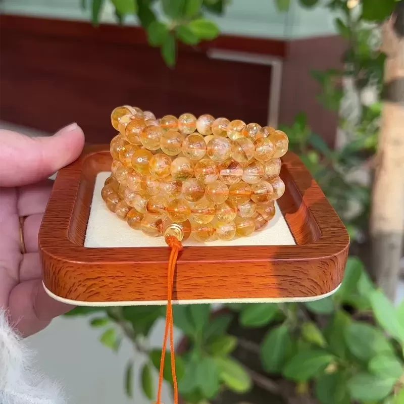 108-Bead Yellow Aze Ice-Snow Crystal Mala Bracelet – Natural Citrine with Rainbow Light for Earth Element Balance & Abundance