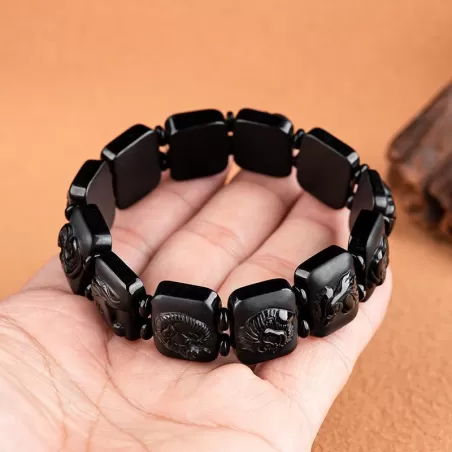 Black Jadeite Chinese Zodiac Bracelet | Grade-A Natural Jade | Men's Handcrafted Lucky Charm