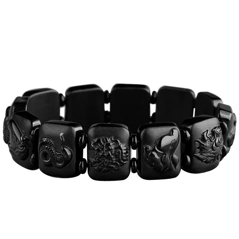 Black Jadeite Chinese Zodiac Bracelet | Grade-A Natural Jade | Men's Handcrafted Lucky Charm