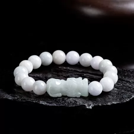 White Jadeite Pixiu Wealth Bracelet | Grade-A Ice Jade | Natural Burmese Jade Jewelry