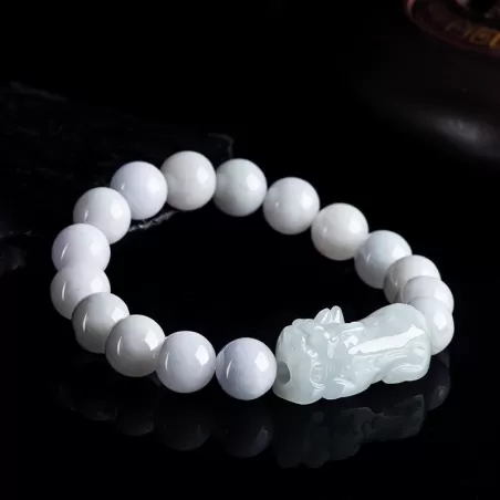White Jadeite Pixiu Wealth Bracelet | Grade-A Ice Jade | Natural Burmese Jade Jewelry